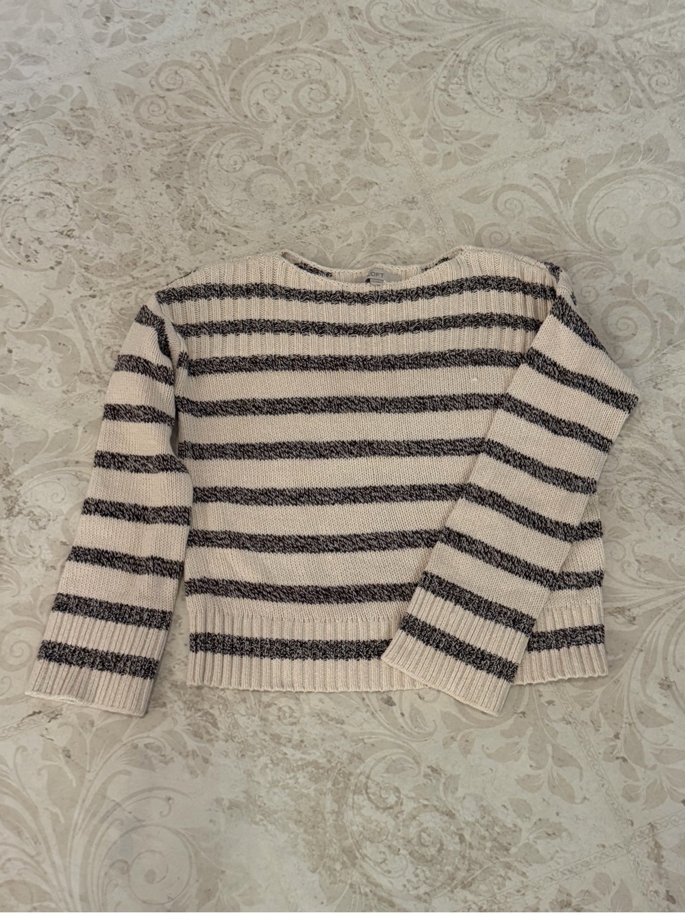 LOFT Cream and Black Striped Crewneck Sweater